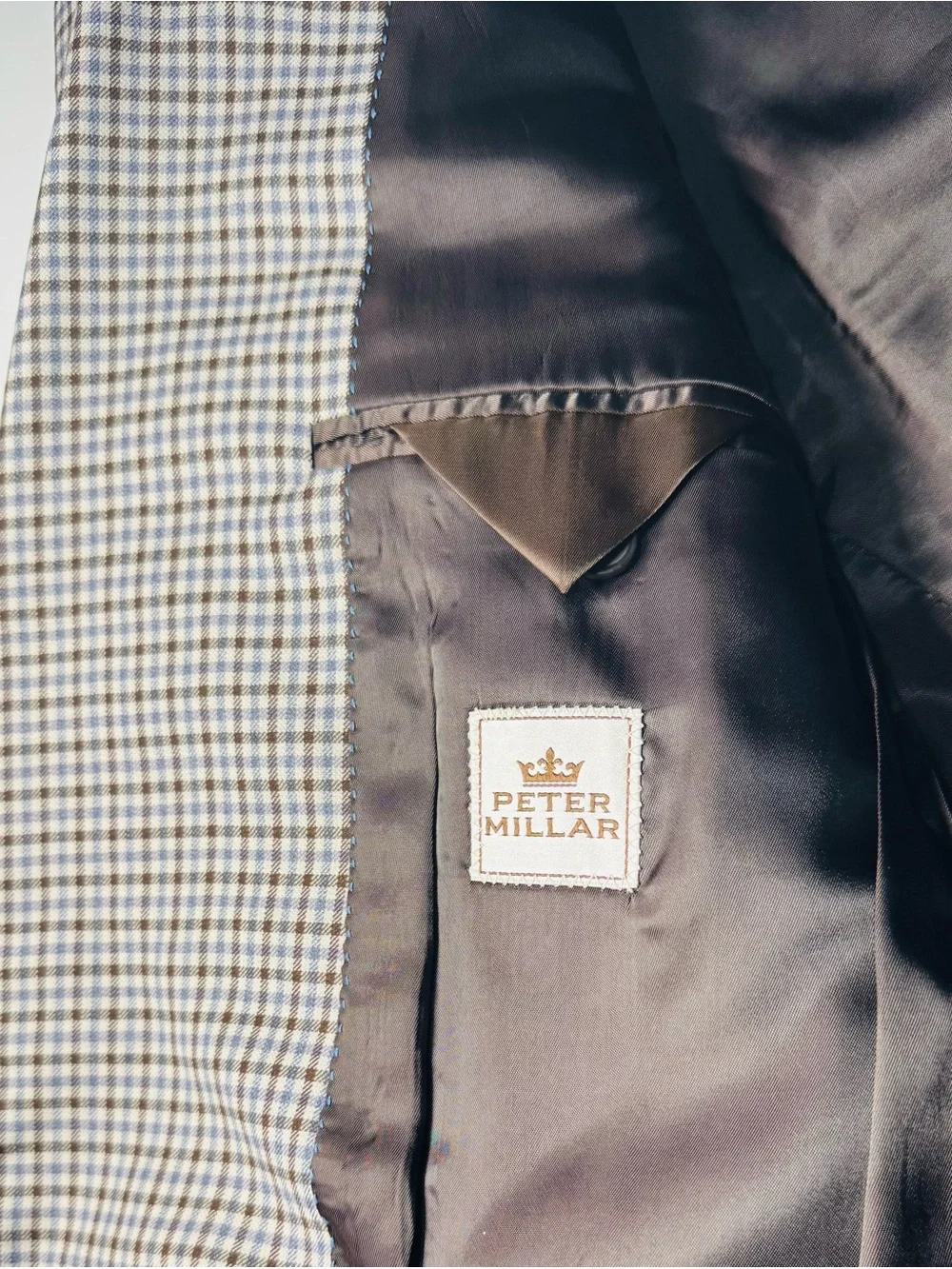 Peter Millar 46R Sport Coat Blazer 100% Wool Blue Brown Gingham Check Union Made